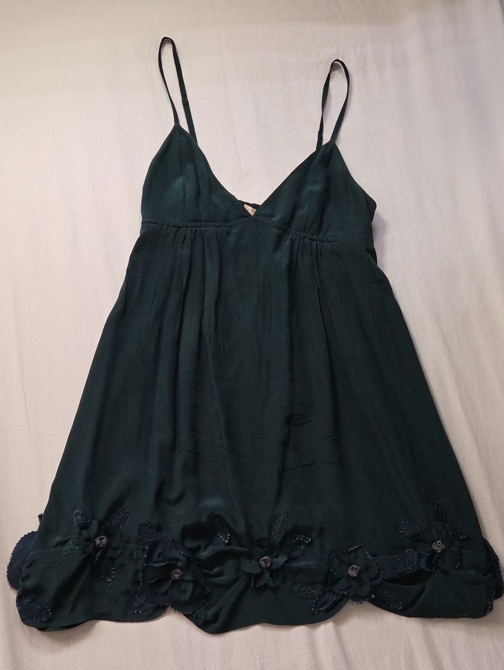 Rebecca Taylor 100% Silk Deep Teal Spaghetti Strap Scalloped Floral Hem Dress